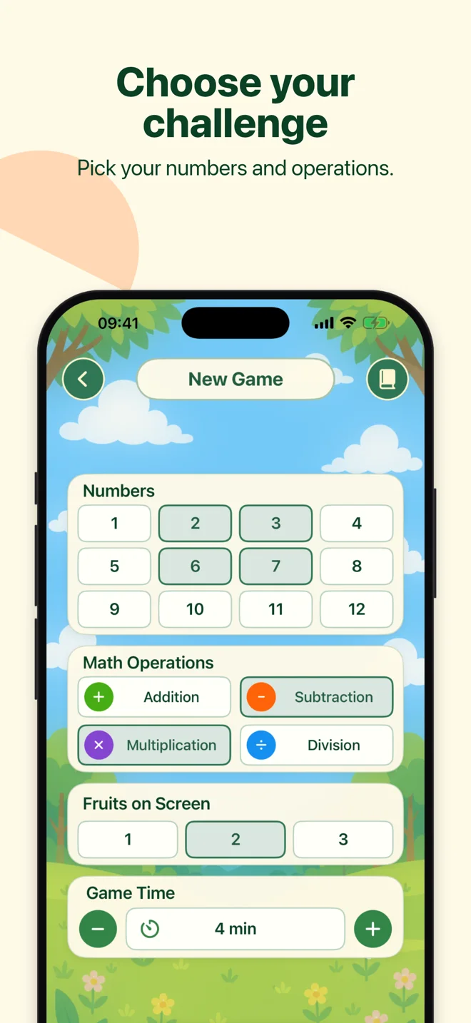 New Game options for numbers, operations, fruit count, and round duration