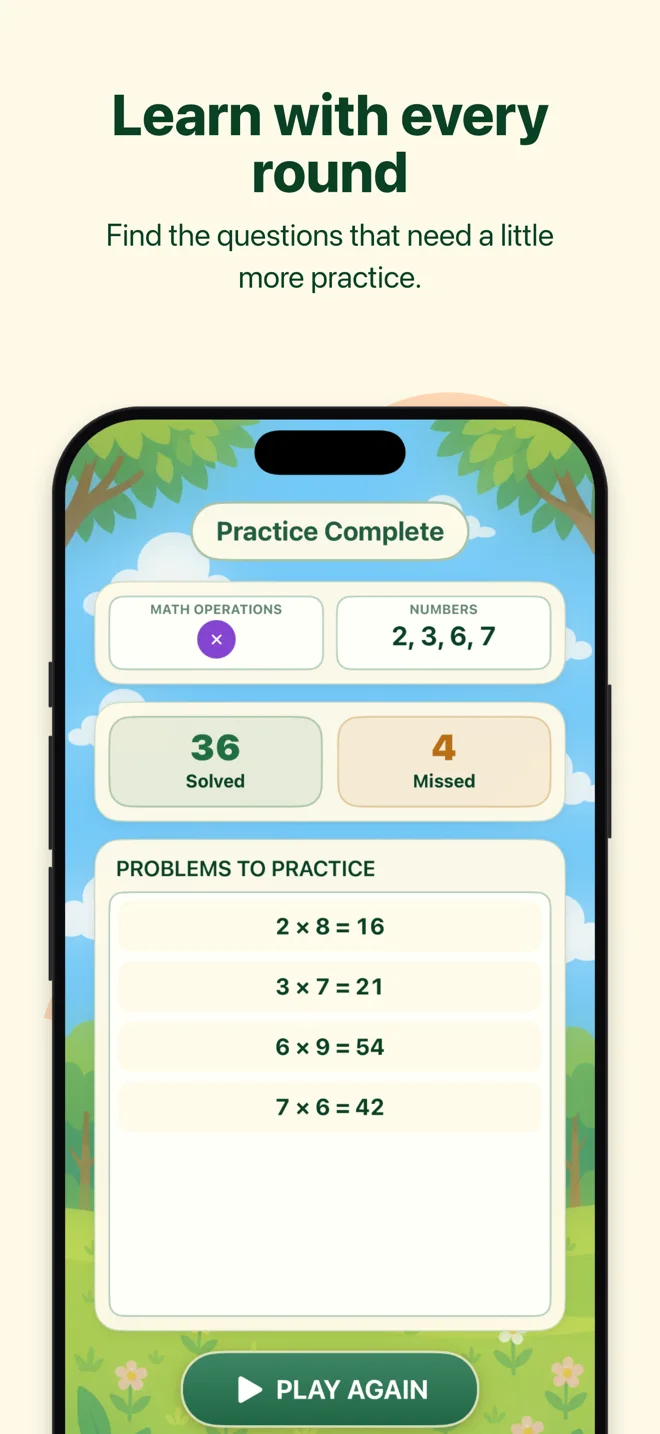 Practice Complete screen with solved and missed totals plus problems to practise