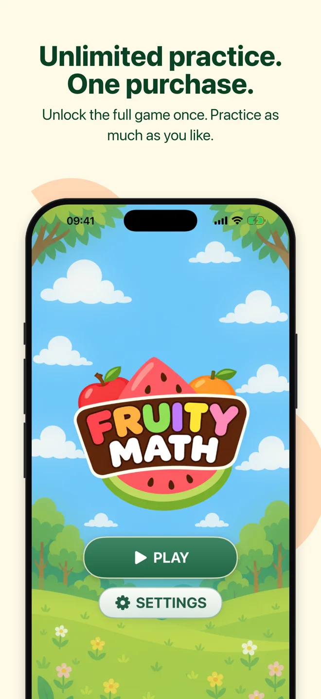 Fruity Math home screen with Play and Settings buttons